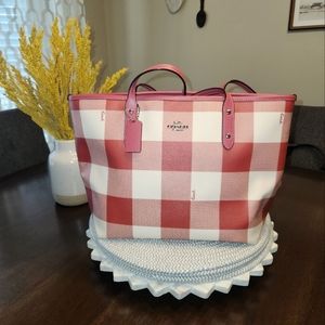 Coach Buffalo Plaid City Zip Tote, Strawberry and White